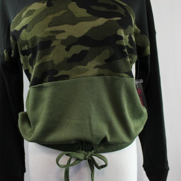 No Boundaries Juniors' Colorblock Top Long Sleeve Tie Waist Waffle Knit  Green - Picture 3 of 6